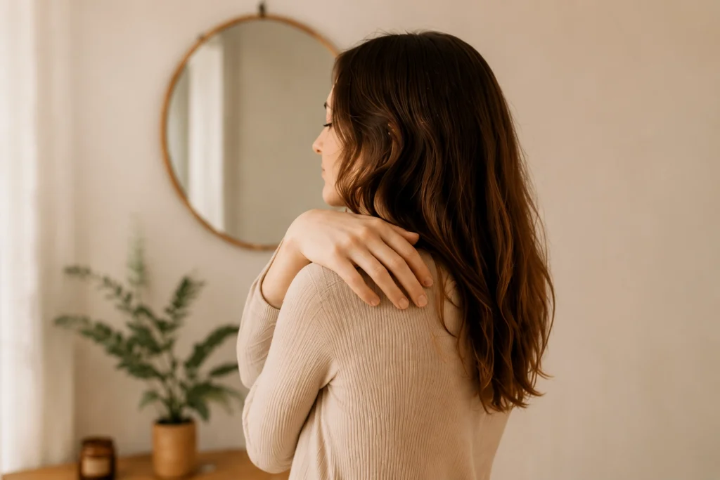 Mujer abrazándose a sí misma en un entorno acogedor, simbolizando confianza y autocuidado.