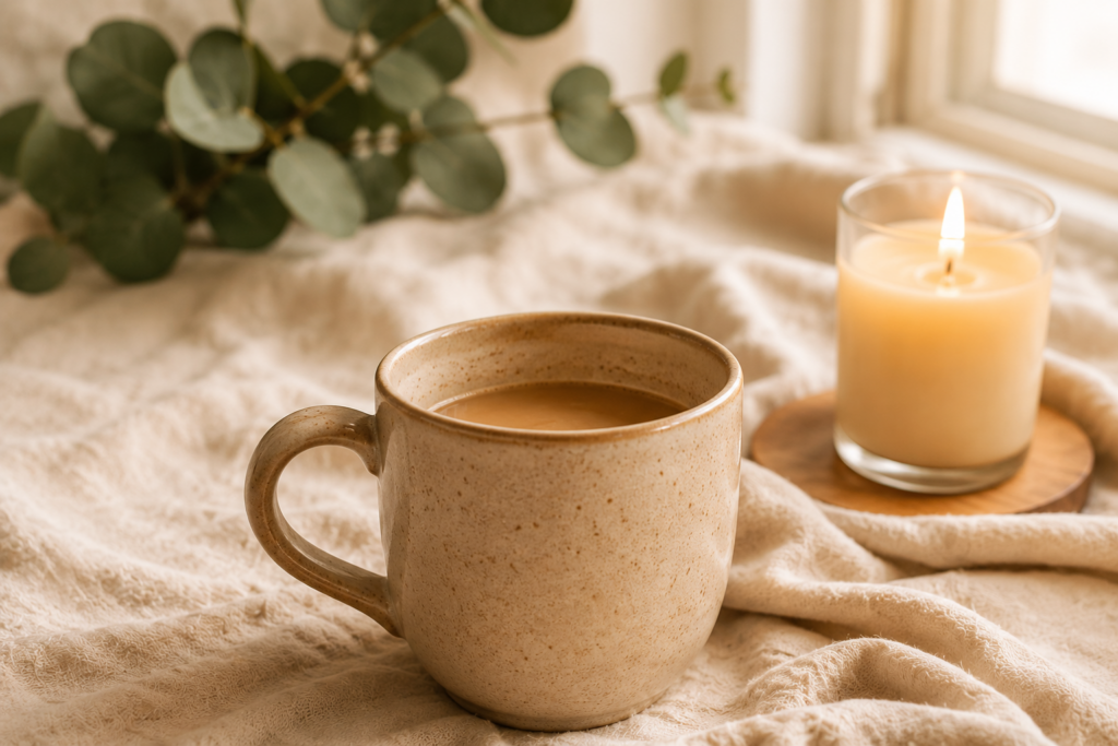 Taza de café junto a una vela encendida en un ambiente cálido y relajante que transmite calma y bienestar.