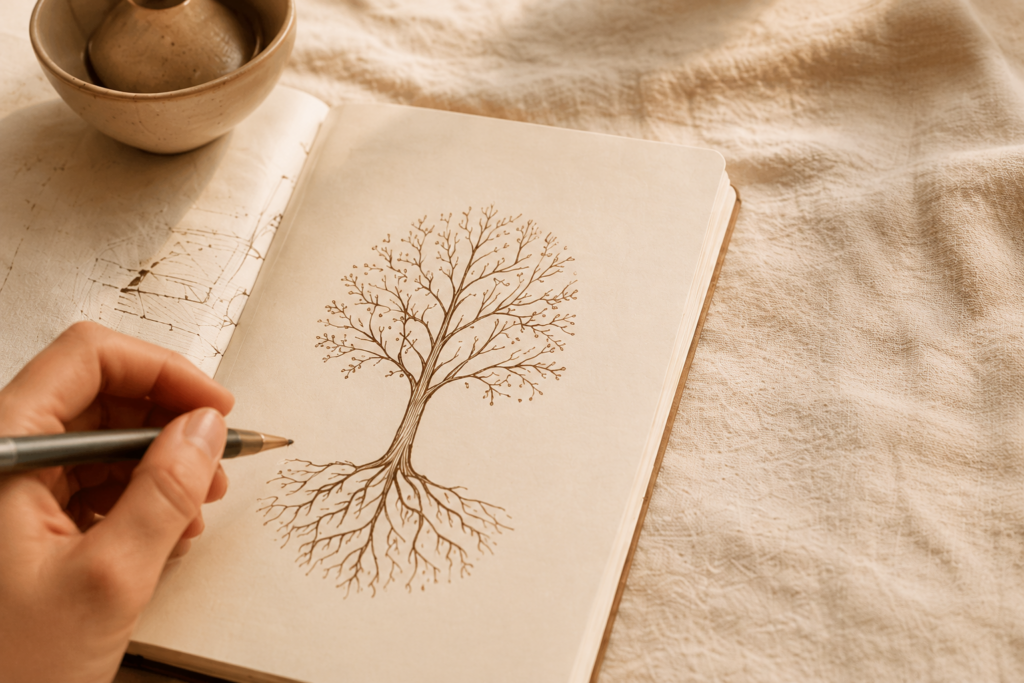 Persona dibujando un árbol con raíces en un cuaderno, representando la comprensión del origen del malestar emocional.