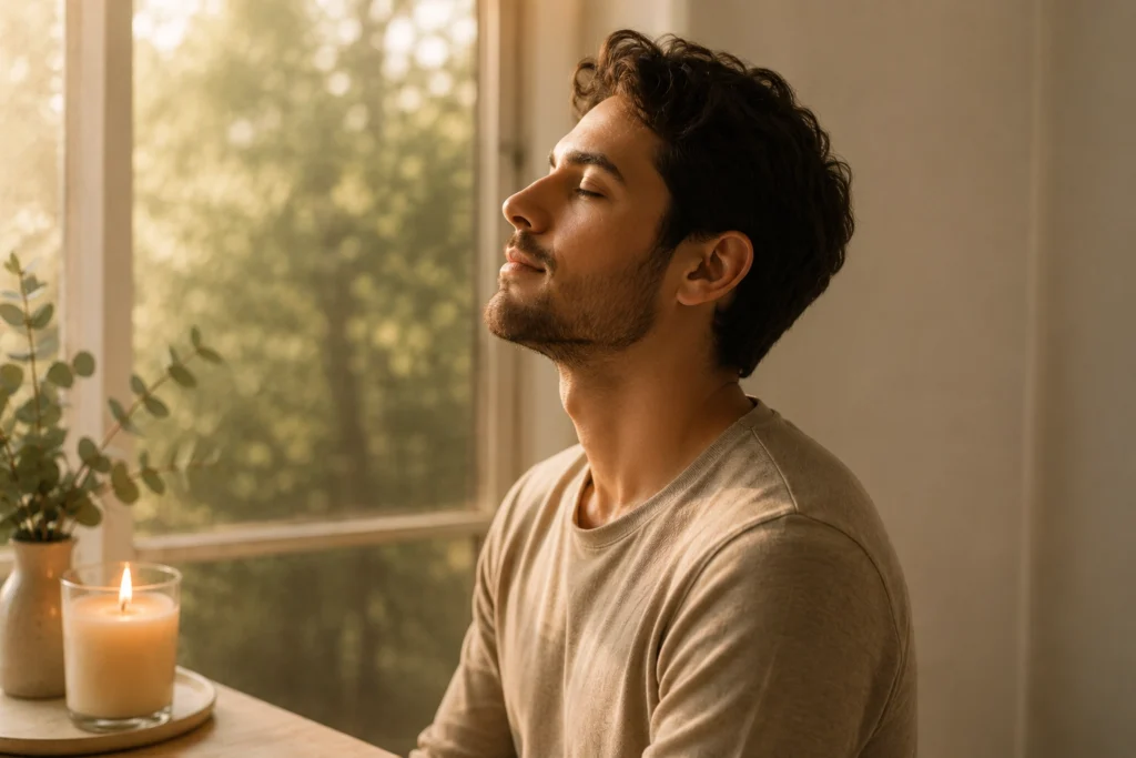 Hombre recuperando la calma y la sensación de control mediante una respiración consciente.